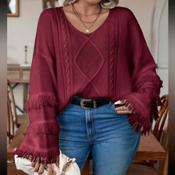 Plus size cozy fringe detail cable knit sweater top - Picture 11 of 16